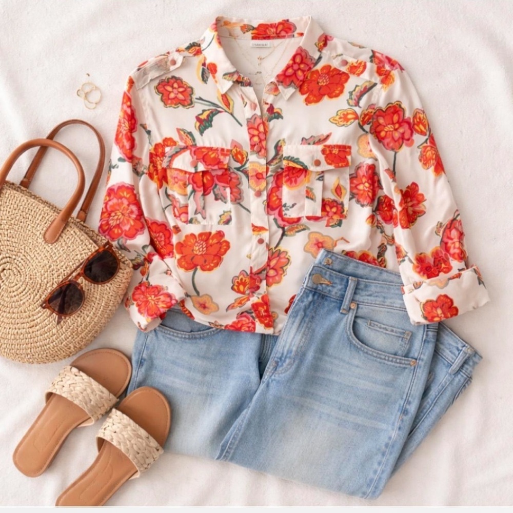 Floral Button-Up Shirt - White With Red Orange Bloom
